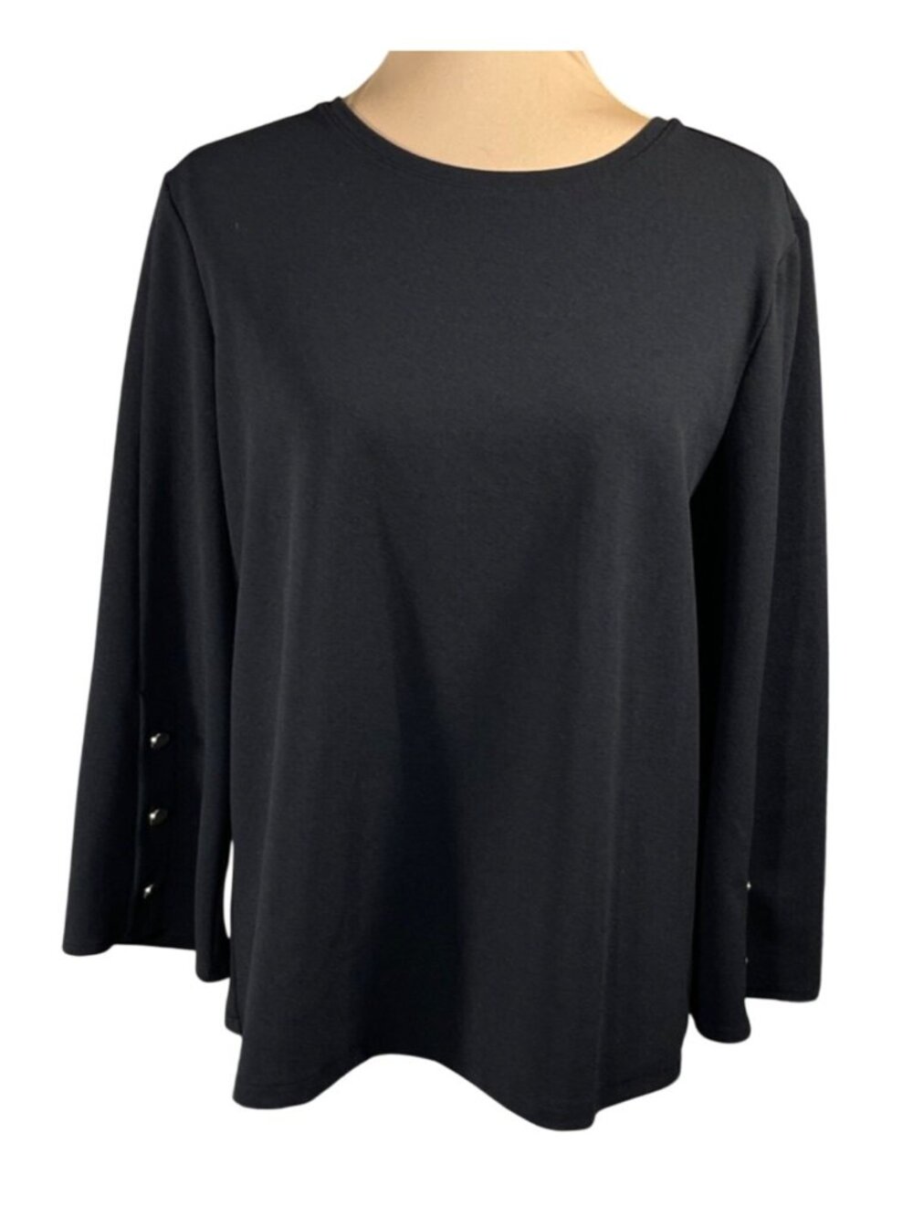 Ann Taylor Top Silver Tone Button Sleeve Size L Large Black Stretch